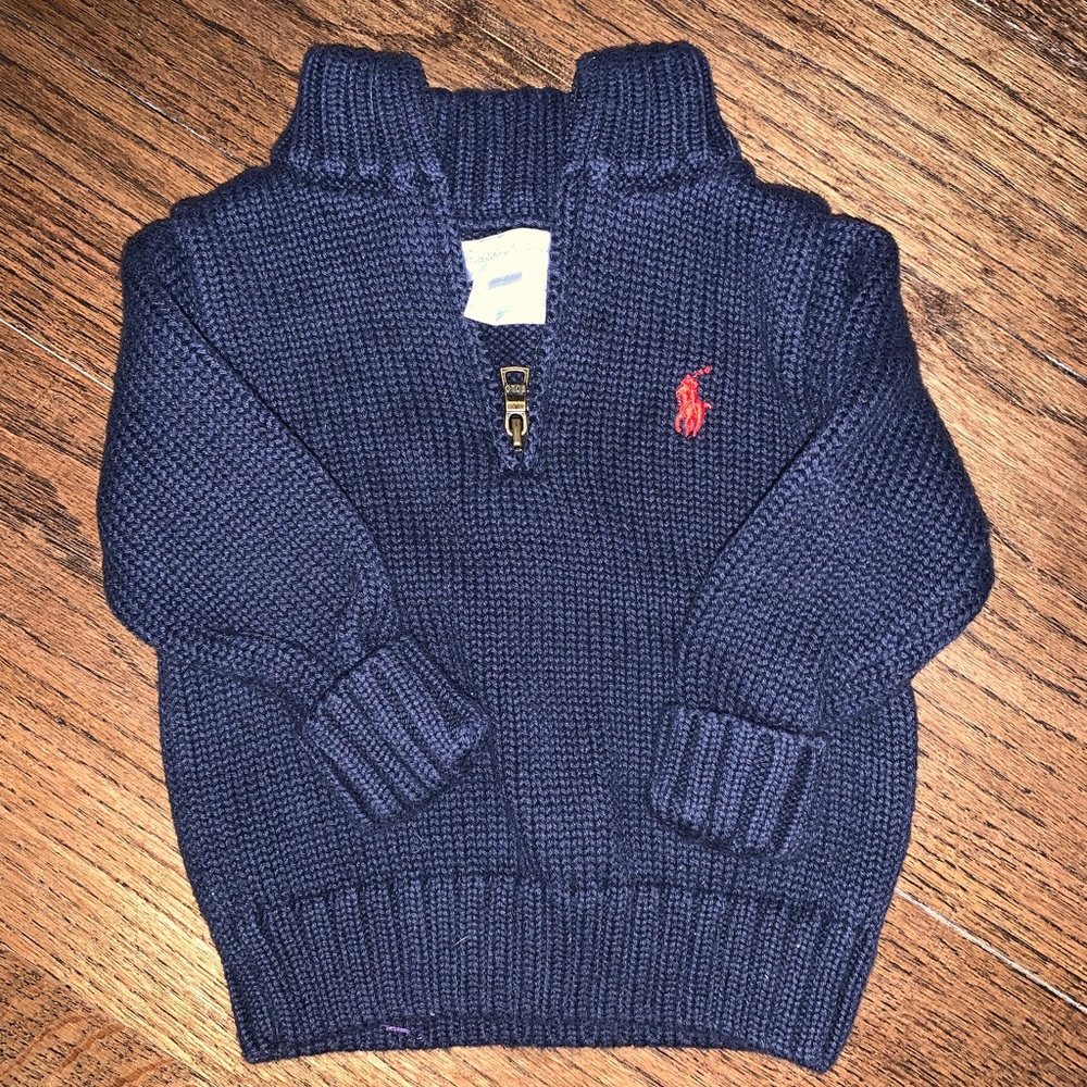 Ralph Lauren Baby Boy 1/4 zip navy sweater with Red Logo Horse
